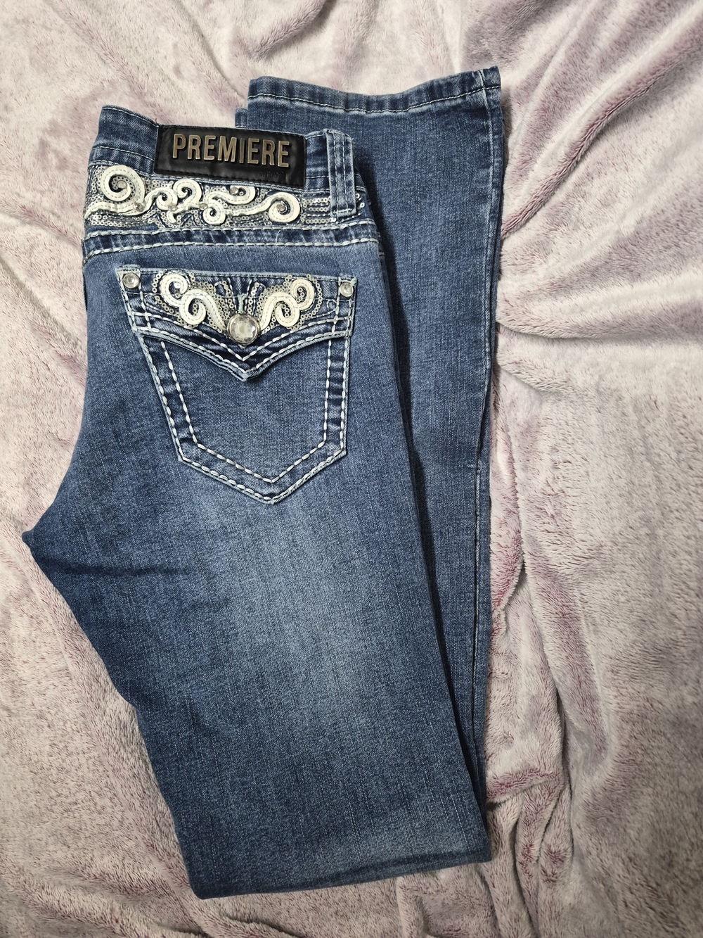 Premier Women's Blue Denim Boot Cut Jeans with White Embroidery